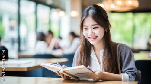 Delighted asian Woman with Books at University