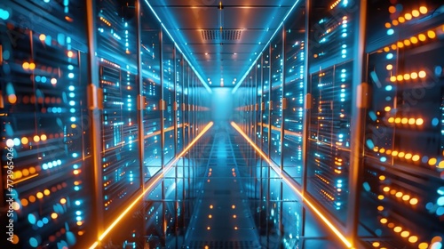 Shot of Corridor in Working Data Center Full of Rack Servers and Supercomputers with High Internet Visualisation Projection.