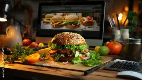 Cooking a delicious burger according to online recipes for a gourmet culinary experience photo