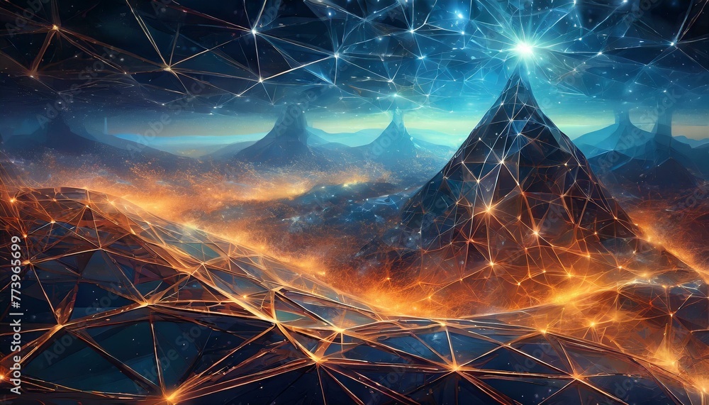 an abstract background that encapsulates a science or sci-fi theme, featuring an intricate pattern of geometric polygonal connections. - obrazy, fototapety, plakaty 