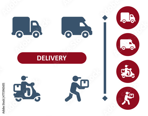 Delivery icons. Delivery man, courier, delivery truck, delivery van, scooter, box, package, parcel, delivering icon
