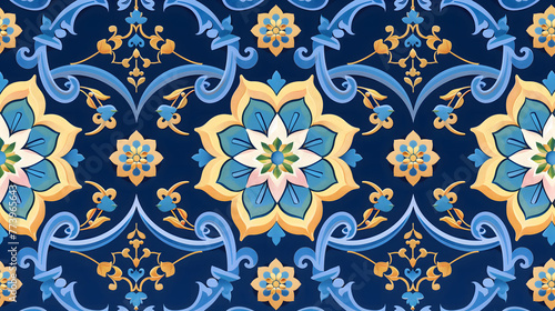 Elegant Arabesque Pattern with Symmetrical Floral Design on a Dark Blue Background Luxury and Tradition backdrop