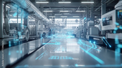 a modern factory hall with digital technologies, blue and white colors, in the foreground a holographic projection of production lines displaying data on machines and materials