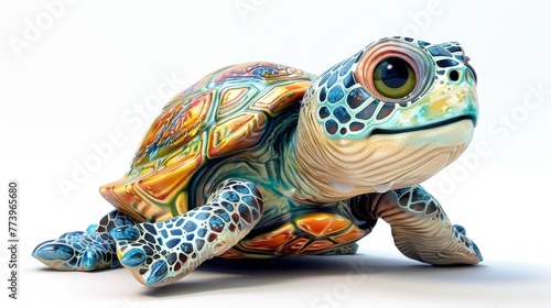 A turtle with a bright blue shell and orange markings. The turtle is smiling and has a bright yellow eye © Sodapeaw