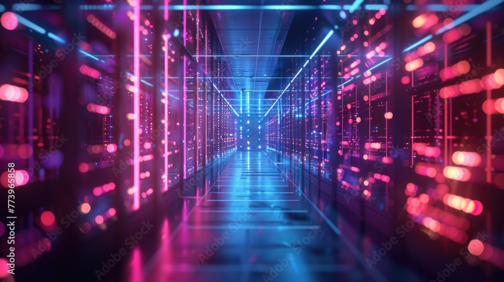 Shot of Corridor in Working Data Center Full of Rack Servers and Supercomputers with High Internet Visualisation Projection. Shot of Corridor in Working Data Center Full of Rack Servers and Supercomputers with High Internet Visualisation Projection.