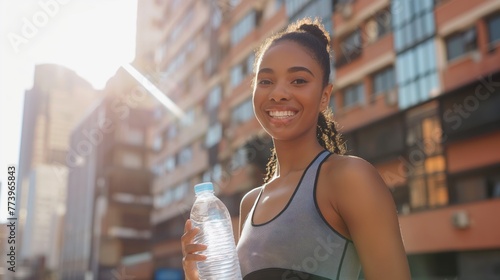 A beautiful young African-American woman in sports clothes smiles, holding up a bottle of water after a workout on the street, against the background of sun-drenched buildings © Vadim