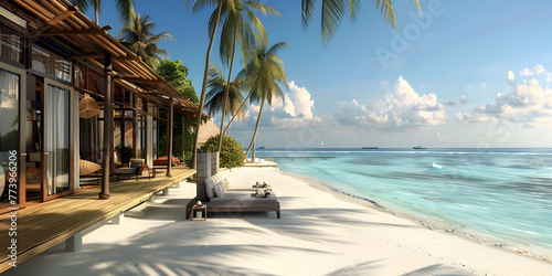 Luxury lifestyle hidden hut travel destination summer vacations beach in the maldives island against blue sky background.