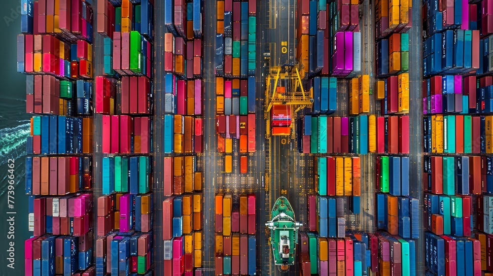 A colorful image of a busy harbor with a large green ship and many colorful containers. Scene is lively and bustling, with the ships and containers all moving and interacting with each other