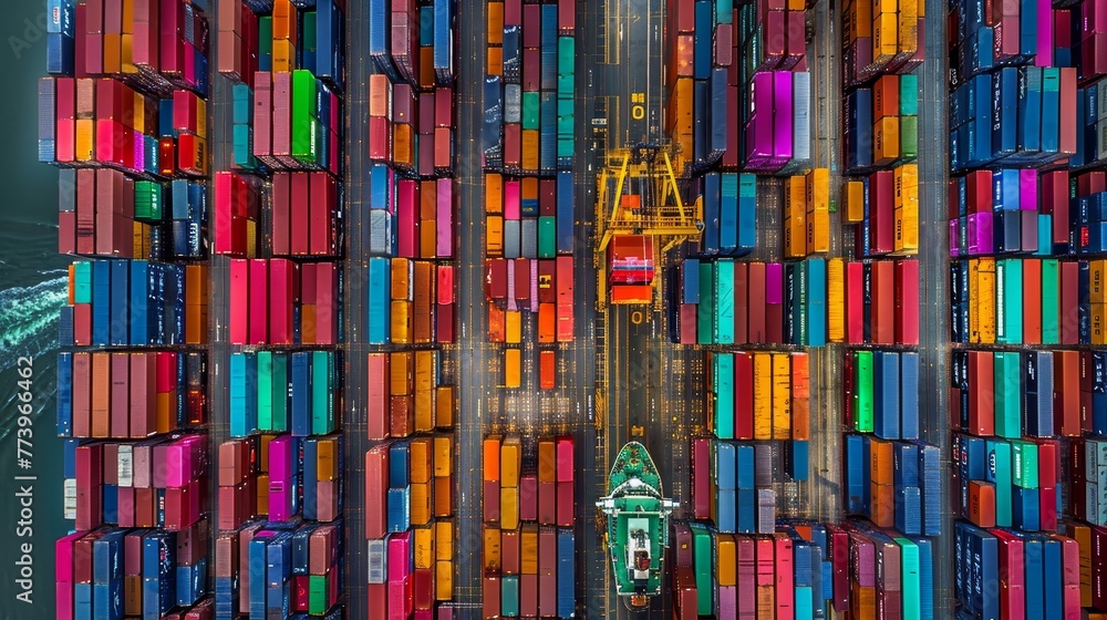 Naklejka premium A colorful image of a busy harbor with a large green ship and many colorful containers. Scene is lively and bustling, with the ships and containers all moving and interacting with each other