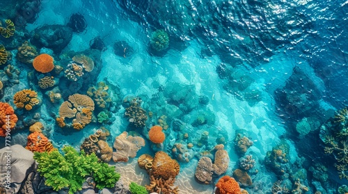 A beautiful blue ocean with many different colored corals and rocks. The water is calm and clear, and the corals are scattered throughout the scene. Concept of tranquility and natural beauty