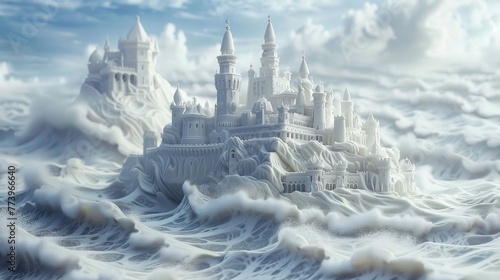 A castle is built on top of a wave. The castle is made of ice and snow