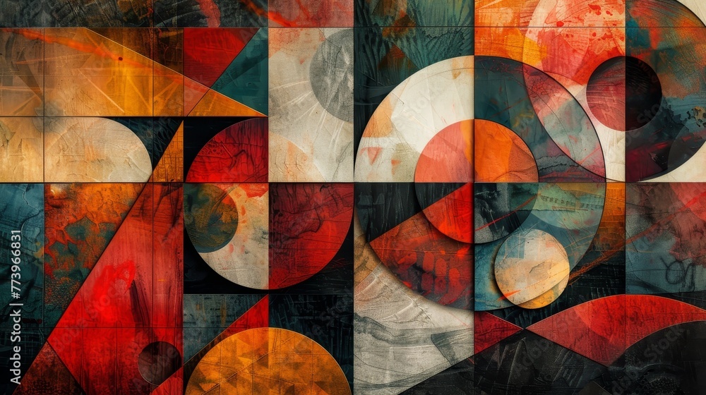 Fototapeta premium A colorful abstract painting with a lot of different shapes and colors. The painting is made up of many different pieces, including circles, squares, and triangles