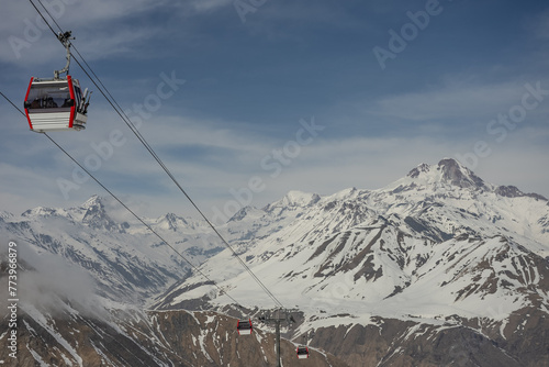 Aerial drone view of Gudauri ski resort in winter. Caucasus mountains in Georgia. Kudebi, Bidara, Sadzele, Kobi aerial panorama in caucasus winter mountains.