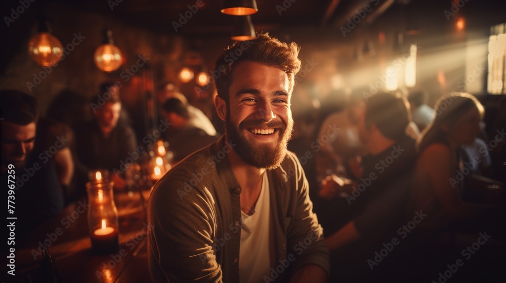 Happy man with a beard laughing and having a great time in a cozy bar atmosphere Happy man with a beard laughing and having a great time in a cozy bar atmosphere
