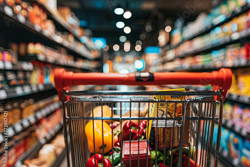 A shopping cart filled with various grocery items in a supermarket aisle, depicting a typical shopping experience photo