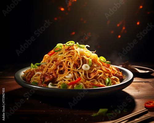 A close-up of Hakka noodles stir-fried with vegetables, garnished with spring onions, served in a black bowl on a wooden board. Generative AI