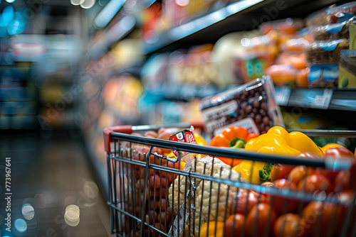 A shopping cart filled with various grocery items in a supermarket aisle, depicting a typical shopping experience photo