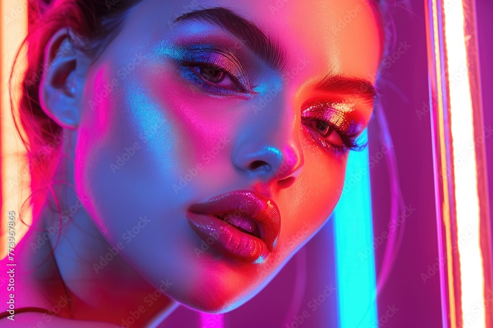 High fashion model in neon lights with trendy make up. High fashion model in neon lights with trendy make up.