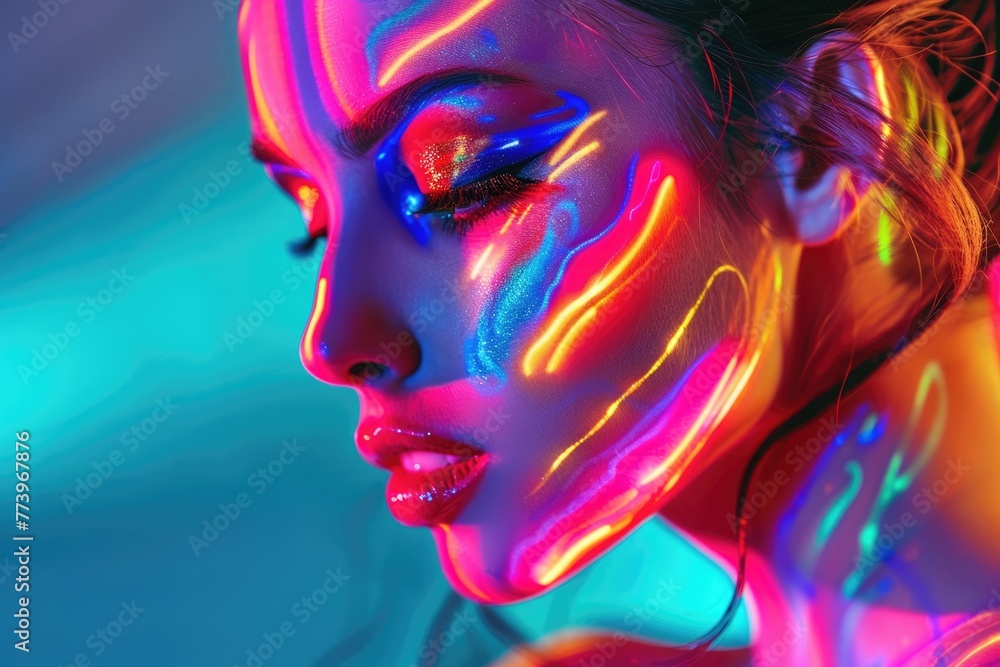 Fashion model in neon lights with colorful makeup on vivid background. Fashion model in neon lights with colorful makeup on vivid background.
