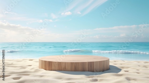 Blank Mockup of a Wooden Circle Podium Placed on the Sun-Kissed Sands of a Tropical Beach. Coastal Presentation Concept.
