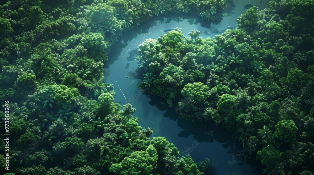 A lush green forest with a river running through it. The river is surrounded by trees and the water is calm. Concept of tranquility and natural beauty