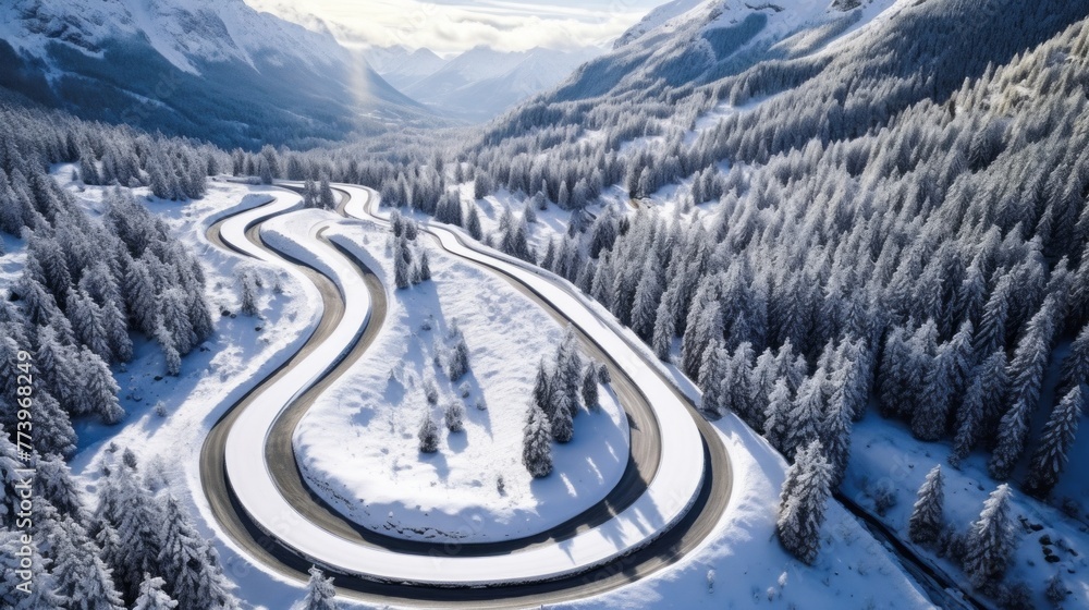 A snow covered mountain with a winding road that is surrounded by trees A snow covered mountain with a winding road that is surrounded by trees