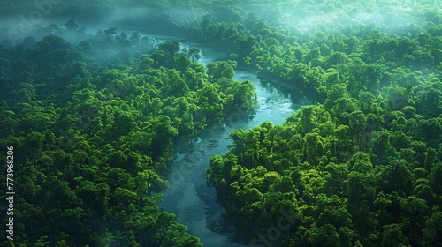A river runs through a lush green forest. The trees are tall and dense, and the water is calm. The scene is peaceful and serene, with the river providing a sense of tranquility and harmony with nature
