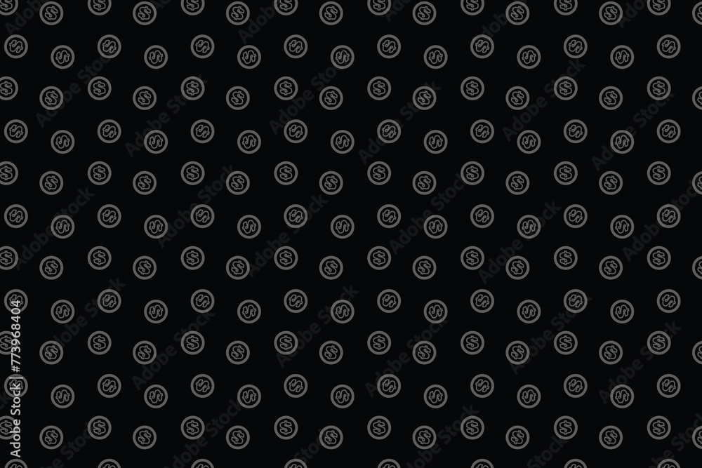 Seamless abstract pattern. Dollar . Fantasy ornament. Light gray dollar in a black circle on a black background. Flyer design, advertising background, fabric, clothing.