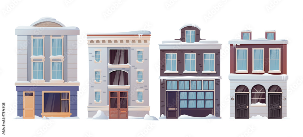 Set of modern multi storey buildings. Collection of vector isolated classic winter houses with snow drifts, city architecture, exterior.