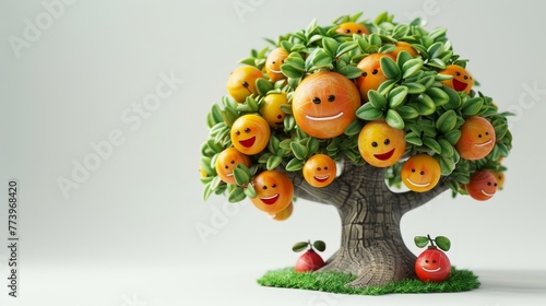 A tree with many oranges and a smiling face