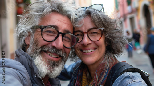 Couple of gray haired mature smiling people travel and taking selfie portrait on phone. Wonderful cheerful man and woman. Active retirees are enjoying life. A man with a gray beard and a woman, travel