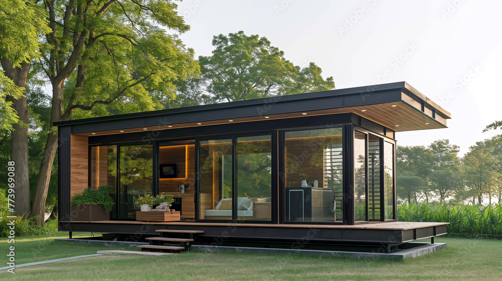 Fototapeta premium Modern tiny house with large windows and an exterior made of wood, glass, and black steel, located on grassy land with trees, design symbolizes simplicity, sustainability, and urban living in nature 