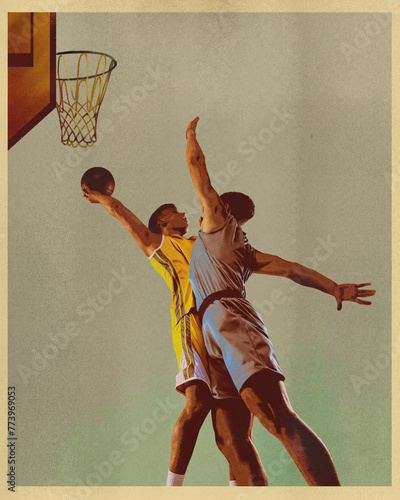 Poster. Contemporary art collage. Competitive basketball player make block technique to prevent ball from hitting ring. Concept of sport, active lifestyle, tournament. Retro effect, art style. © Lustre