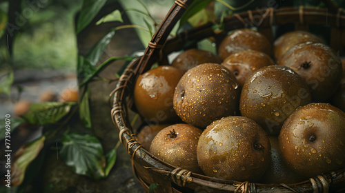 Glistening with water droplets  a batch of freshly picked monk fruits lies in a woven basket amidst the vibrant greenery of a lush garden.