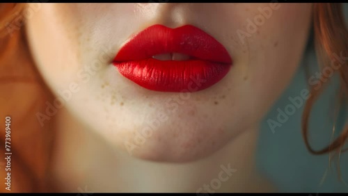 Closeup of an anonymous womans lips with red lipstick.  photo