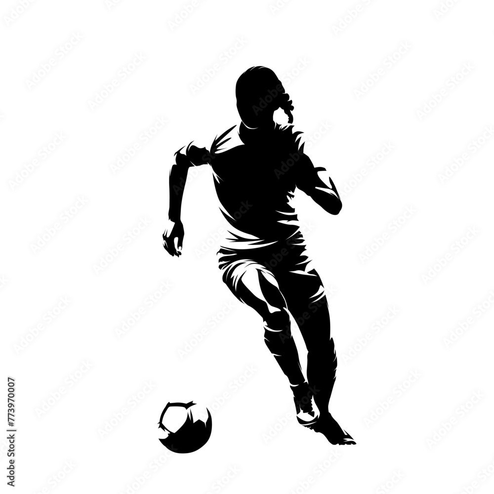 Female football player running with ball, soccer, isolated vector silhouette