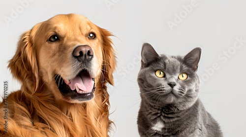 Friendly Golden Retriever and Gray Cat Together. Pet Buddies Posing for a Portrait. Joyful Dog and Serene Feline Side by Side. Perfect for pet lovers themes. AI