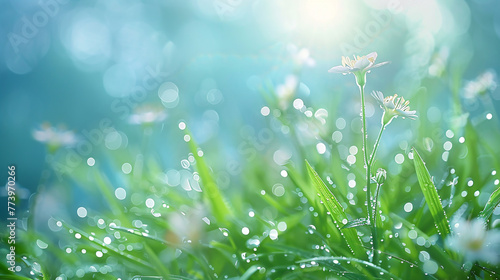 Fresh green grass with dew drops close up. Nature background. AI.