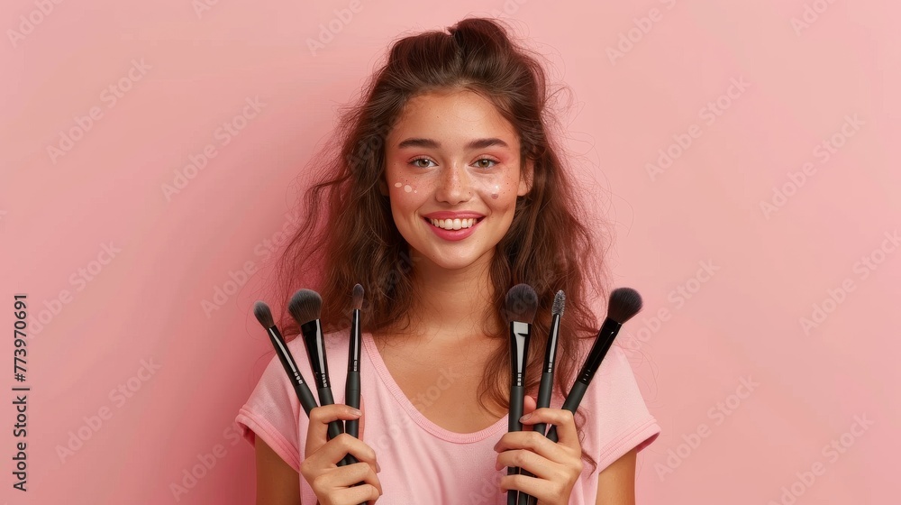 Woman Holding Makeup Brushes in Front of Face Woman Holding Makeup Brushes in Front of Face