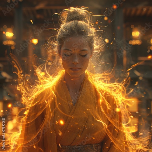 Mystical Aura: Woman in Traditional Attire Surrounded by Flames