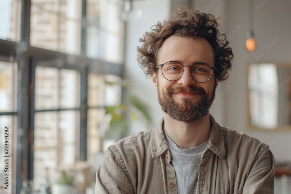 Geeky hipster in white room with windows smiling at camera. Geeky hipster in white room with windows smiling at camera.