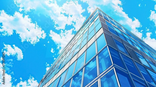 Angled View of a Towering Building Corner  Adorned with Rows of Windows  Against a Backdrop of a Vivid Blue Sky Filled with Fluffy White Clouds. Urban Architecture Concept.