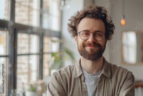 Geeky hipster in white room with windows smiling at camera.