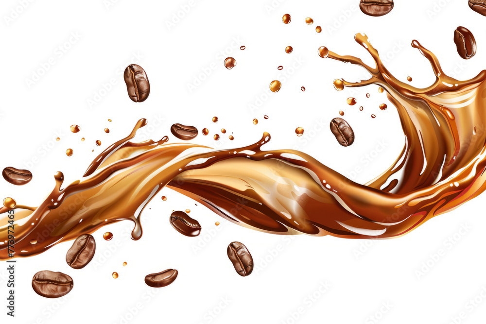 Produce  of a coffee splash with flying beans, capturing the energy on a white backdrop - obrazy, fototapety, plakaty 