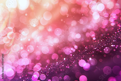Shiny bokeh lights and sequins embellish the abstract pink background, infusing it with a trendy and vibrant vibe