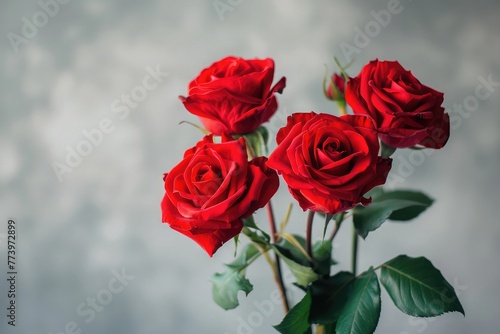A bouquet of scarlet roses. Five flowers. On a white background
