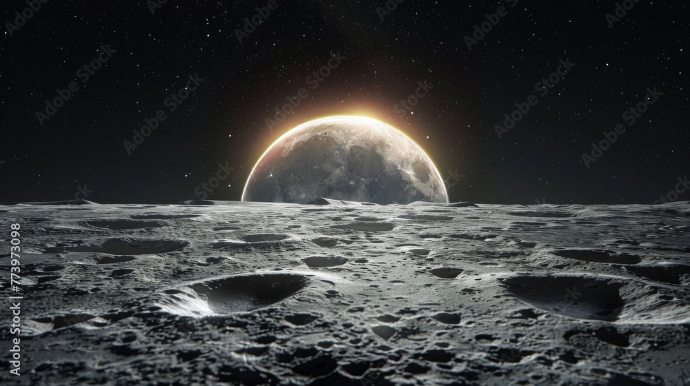 Stunning space scene showing Earth's sunrise from the moon's surface with craters in the foreground.