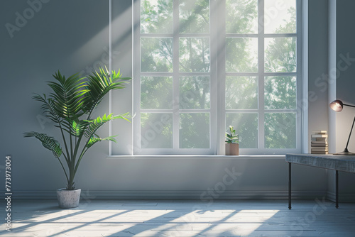 A minimalist with a single desk facing a large window  featuring a potted plant lamp.