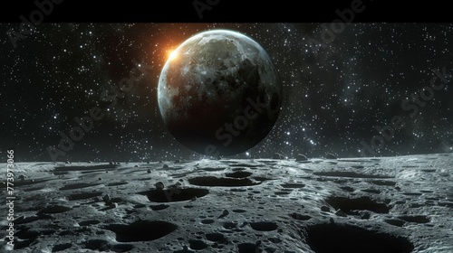 A digital depiction of a celestial body rising over the lunar surface against a starry space backdrop.