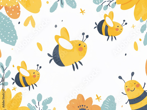 Cute watercolor clipart of bees buzzing around blooming flowers  single object  isolated on white 